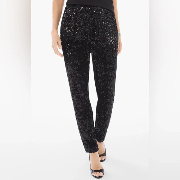 CHICOS BLACK SEQUIN AND VELOUR PULL ON TAPERED ANKLE PANTS - Picture 1 of 10